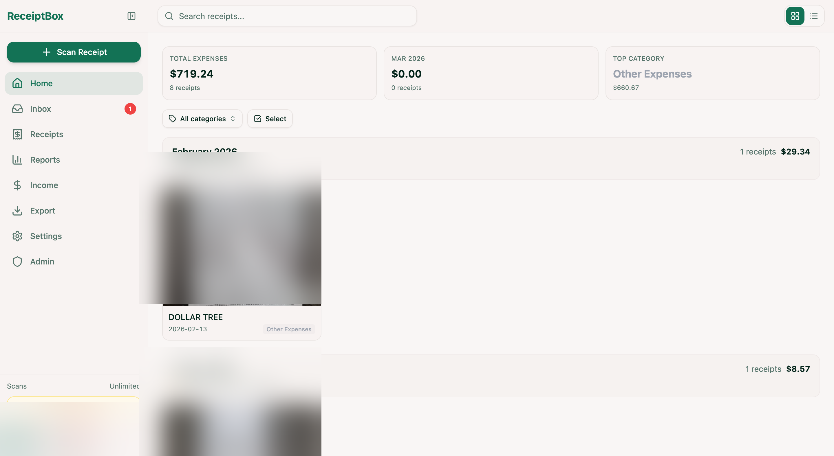 ScanForTax dashboard showing receipt scanning and expense tracking