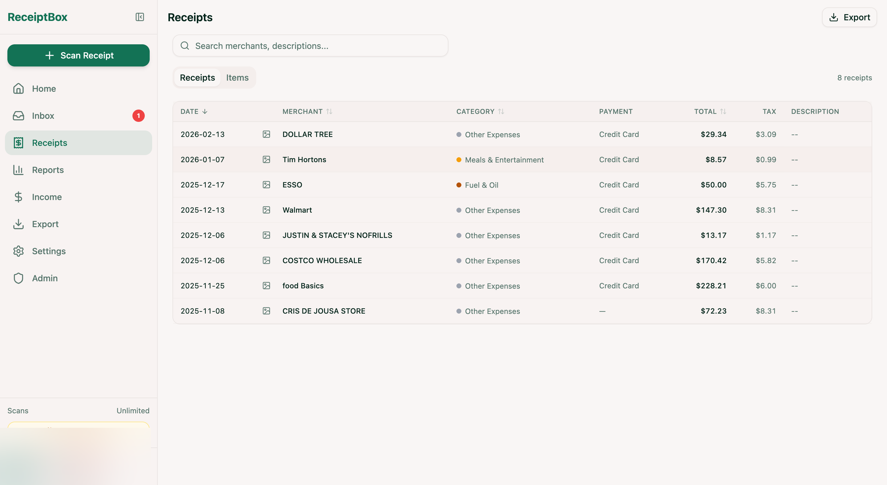 Receipts ledger showing extracted merchant, category, payment method, amount, and tax data