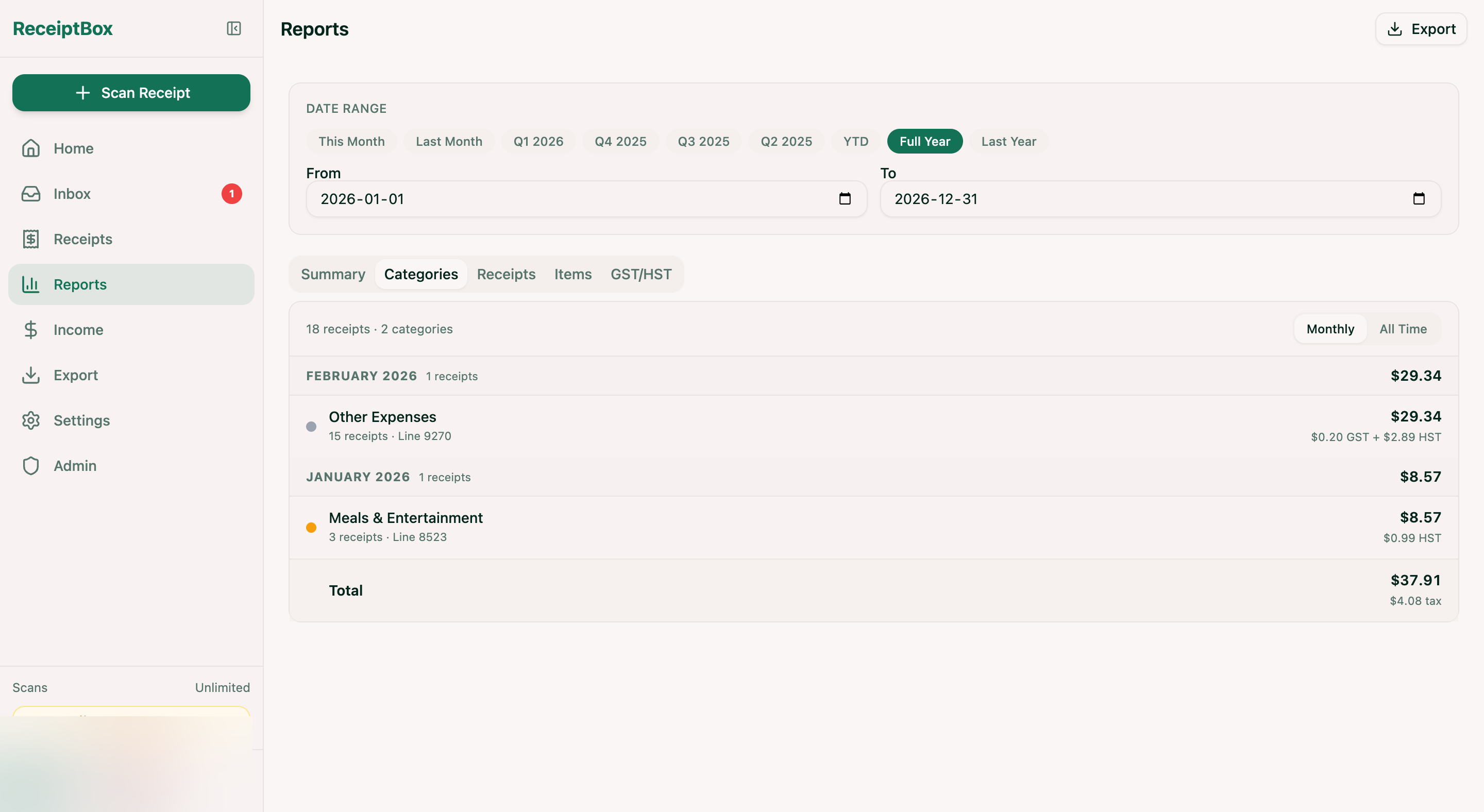 Reports categories tab showing CRA T2125 expense categories with monthly breakdown and totals